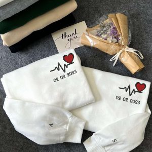 Custom Heartbeat Line Date Embroidered Matching Couple Hoodie