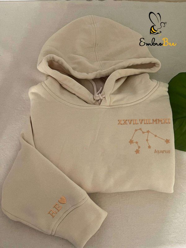 Personalized Roman Numeral Embroidered Aquarius Zodiac Hoodie