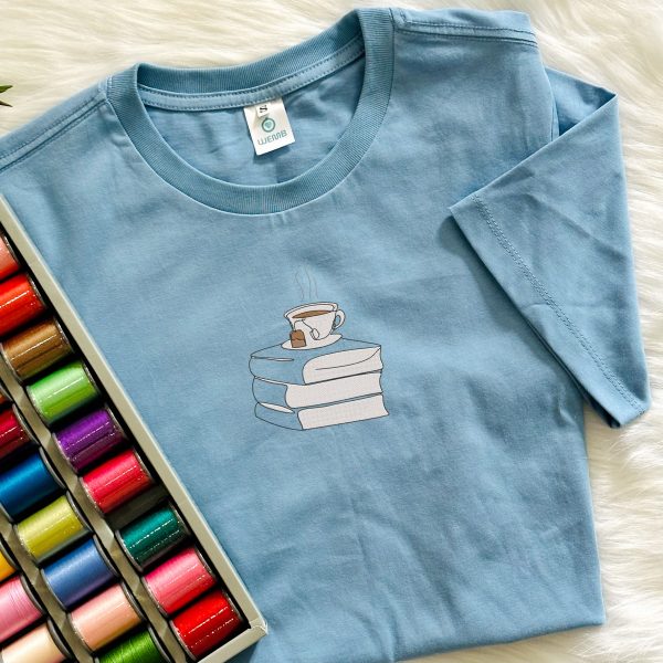 Cup of Tea on Stack of Books Embroidered Sweatshirt