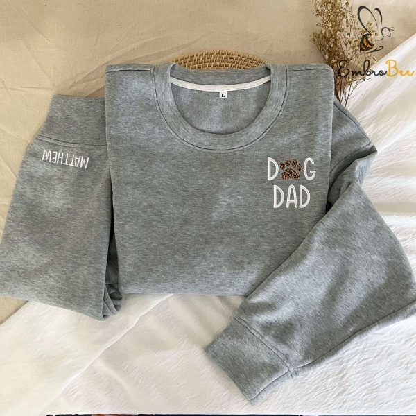 Embroidered Dog Dad Paw Leopard Applique Sweatshirt – Custom Name on Sleeve