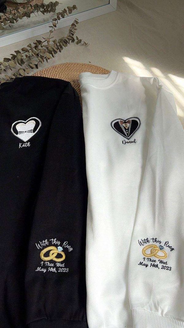 Personalized Bride & Groom Hearts Matching Wedding Couple Embroidered Sweatshirt