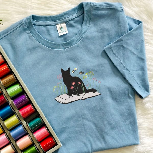 Sitting on Flowers Book Cat Embroidered Sweatshirt