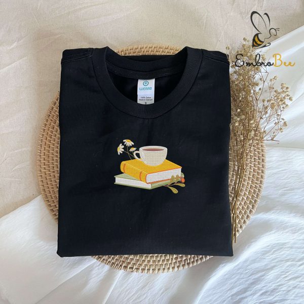 Flower Coffee Stack of Books Embroidered Sweatshirt