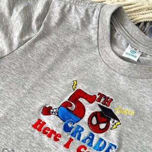 Personalized Swinging into Grade Adventure Back to School Embroidered T-shirt For Kids with Super Hero Pattern