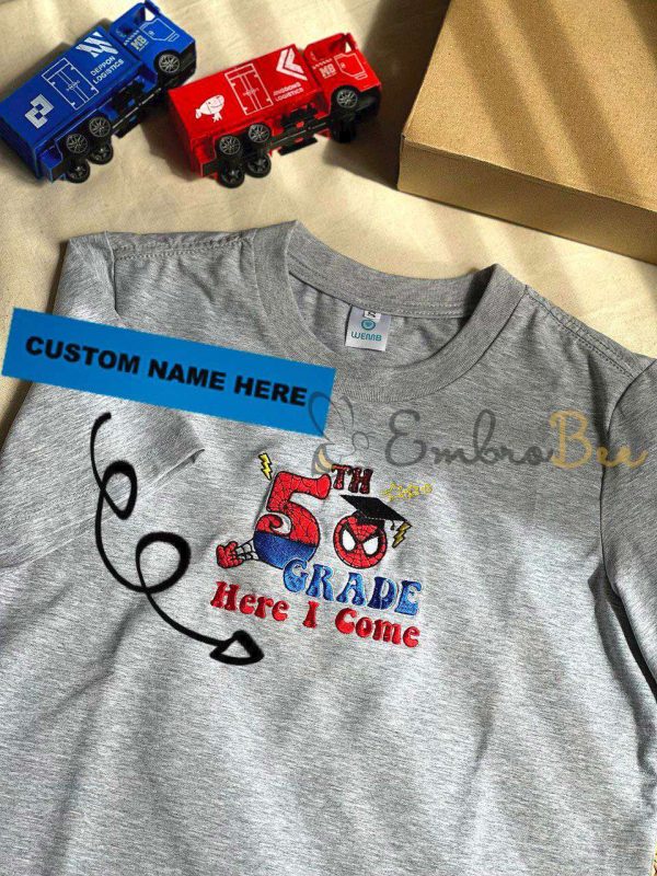 Personalized Swinging into Grade Adventure Back to School Embroidered T-shirt For Kids with Super Hero Pattern