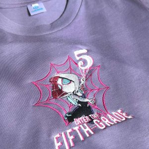 Personalized Back to School Embroidered T-shirt for Girls – Swinging into Grade T-shirt with Super Hero Pattern