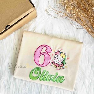 Customized Cutie Unicornus Birthday Embroidered T-Shirt With Name and Age, Applique Kids Shirt