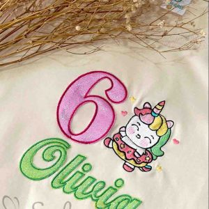 Customized Cutie Unicornus Birthday Embroidered T-Shirt With Name and Age, Applique Kids Shirt